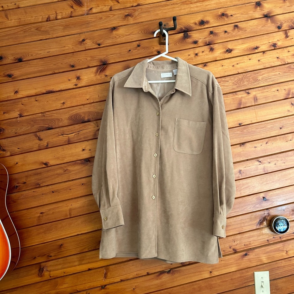 Retro oversized tan button up lightweight corduroy, long sleeve top